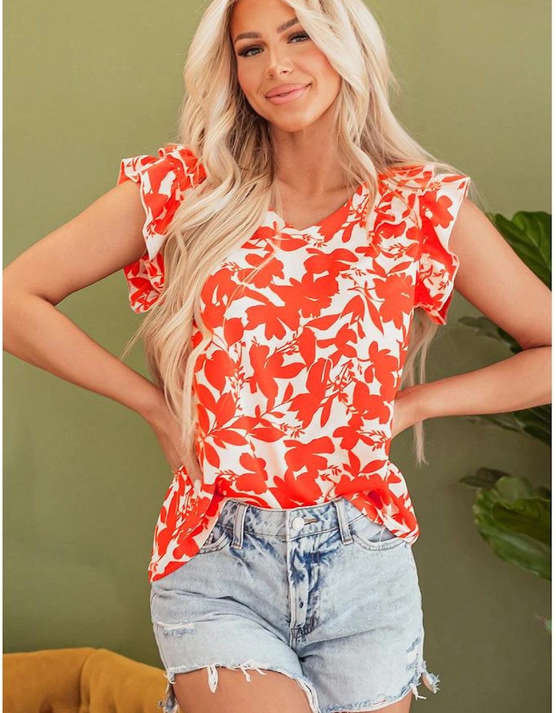 Orange Floral Ruffle Sleeve Print Top