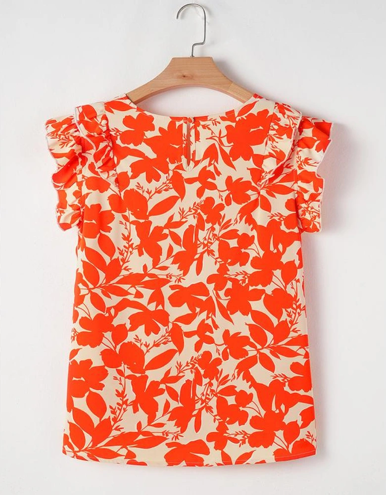 Orange Floral Ruffle Sleeve Print Top