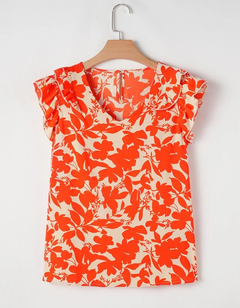 Orange Floral Ruffle Sleeve Print Top