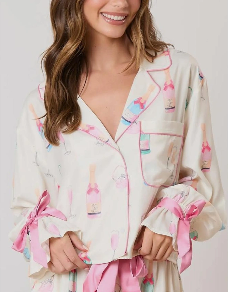 Azura Exchange White Christmas Wine Glass Print Bow Knot Two Piece Pajama Set