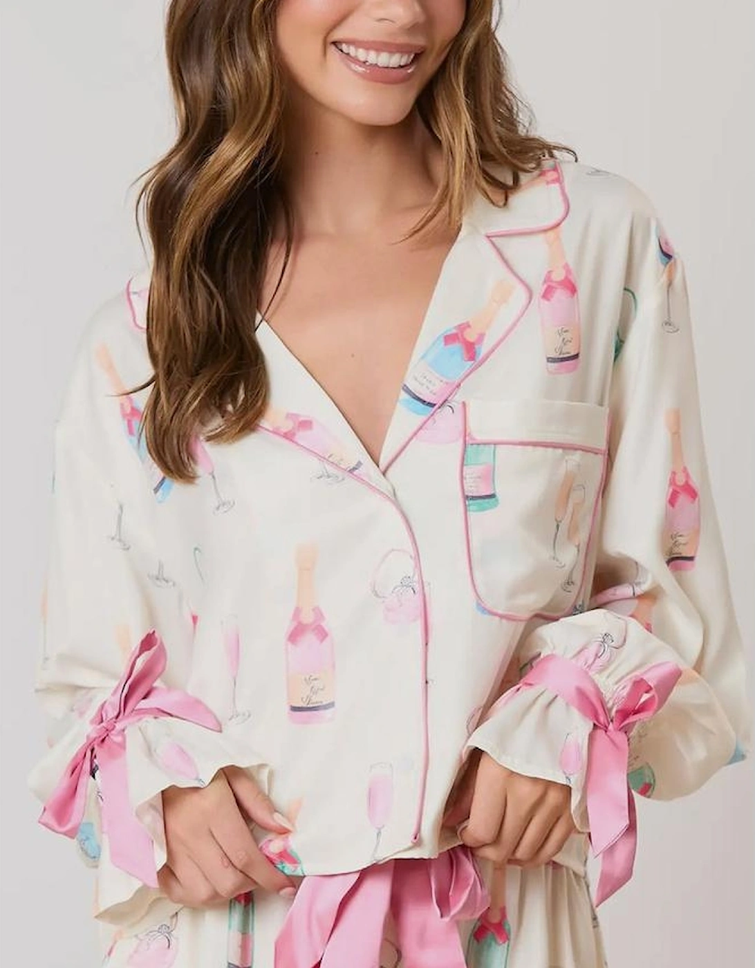 Azura Exchange White Christmas Wine Glass Print Bow Knot Two Piece Pajama Set