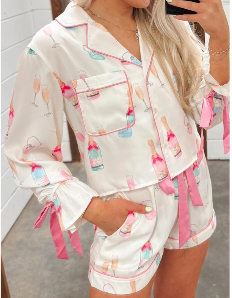 Azura Exchange White Christmas Wine Glass Print Bow Knot Two Piece Pajama Set