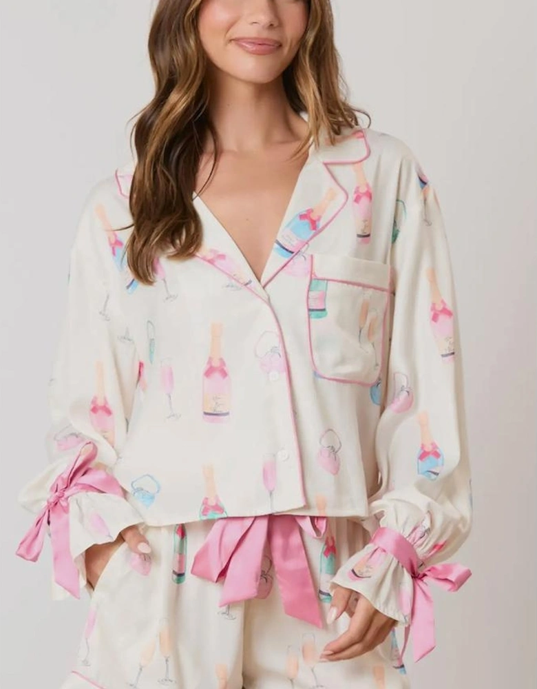 Azura Exchange White Christmas Wine Glass Print Bow Knot Two Piece Pajama Set