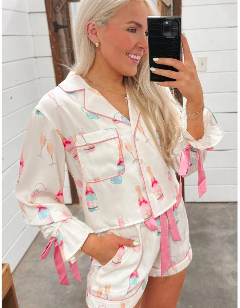 Azura Exchange White Christmas Wine Glass Print Bow Knot Two Piece Pajama Set