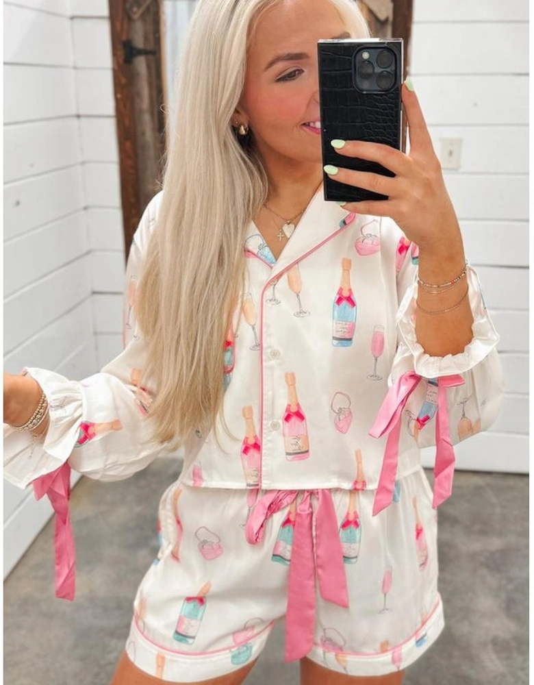 Azura Exchange White Christmas Wine Glass Print Bow Knot Two Piece Pajama Set