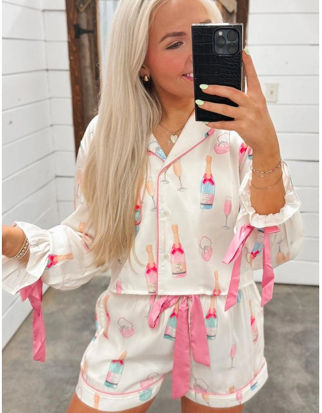 Azura Exchange White Christmas Wine Glass Print Bow Knot Two Piece Pajama Set