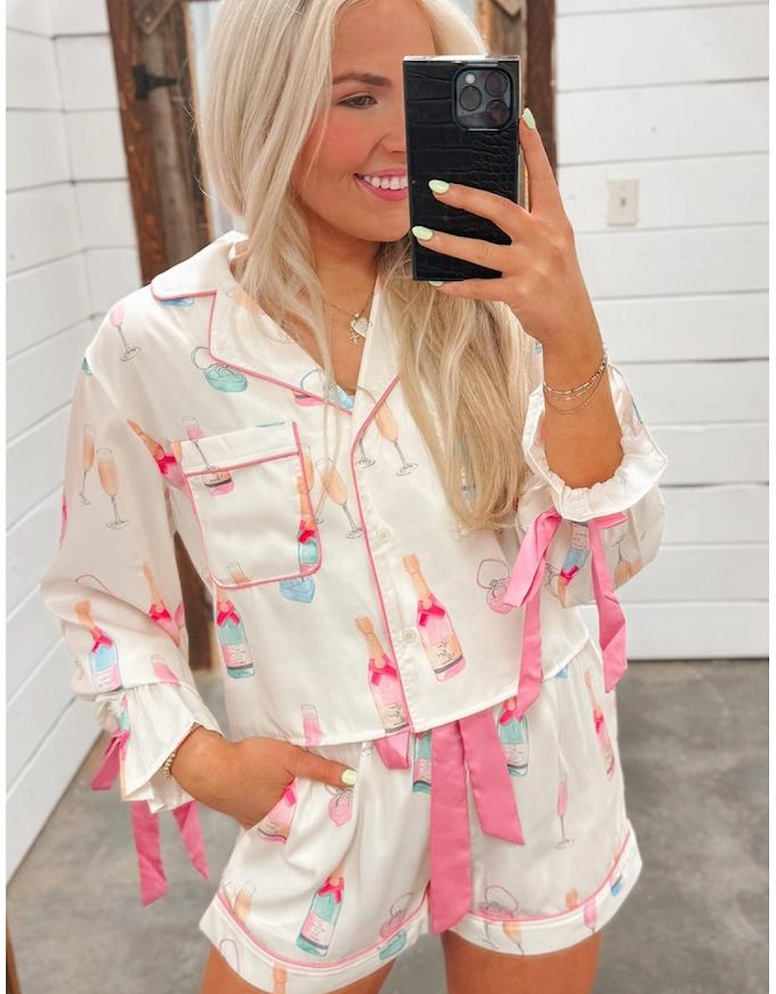 Azura Exchange White Christmas Wine Glass Print Bow Knot Two Piece Pajama Set