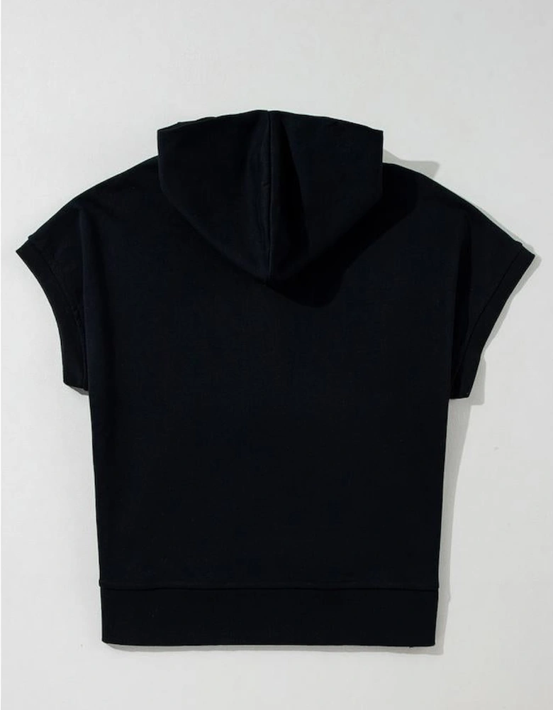 Black Half Zipper Kangaroo Pocket Short Sleeve Hoodie