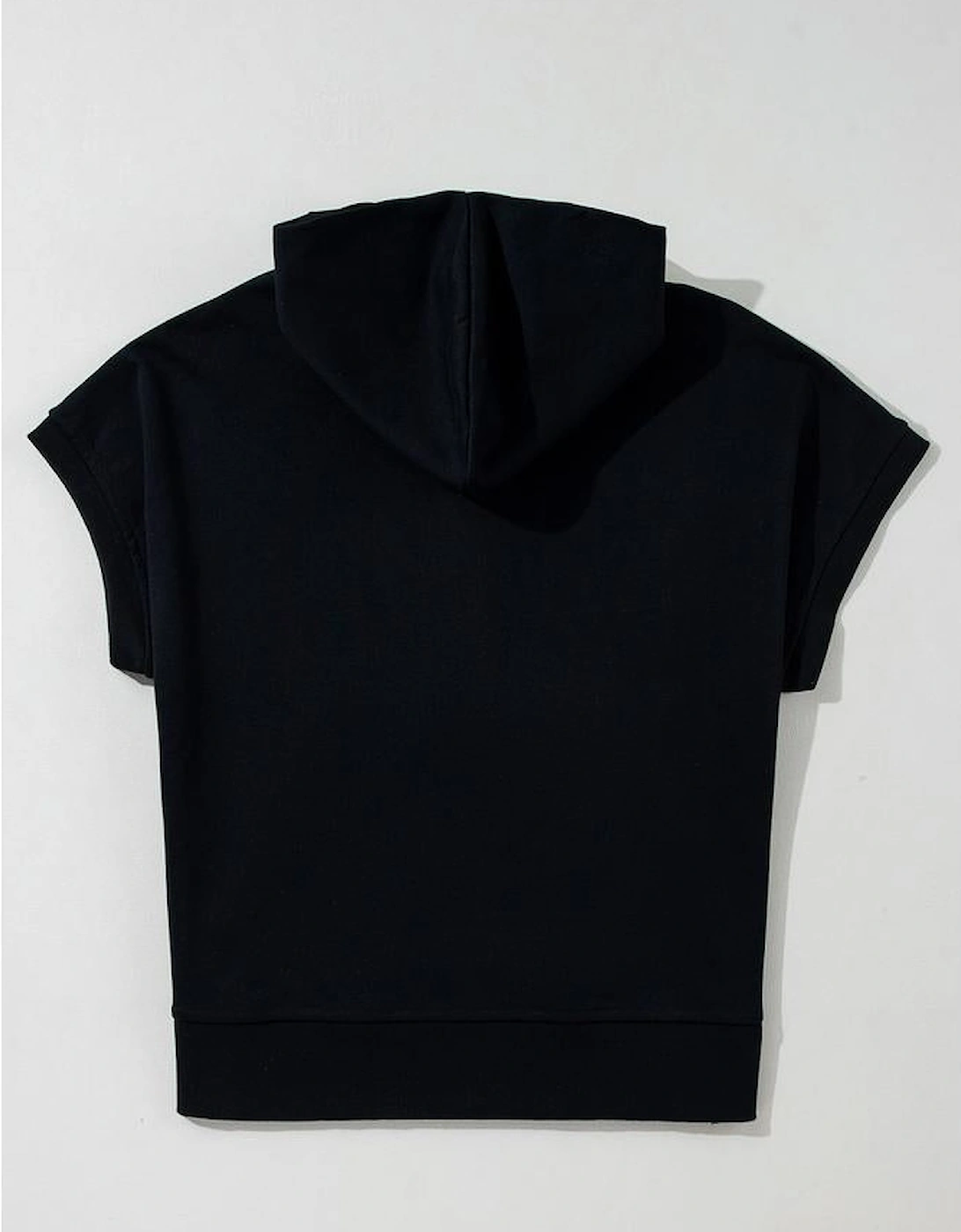 Black Half Zipper Kangaroo Pocket Short Sleeve Hoodie