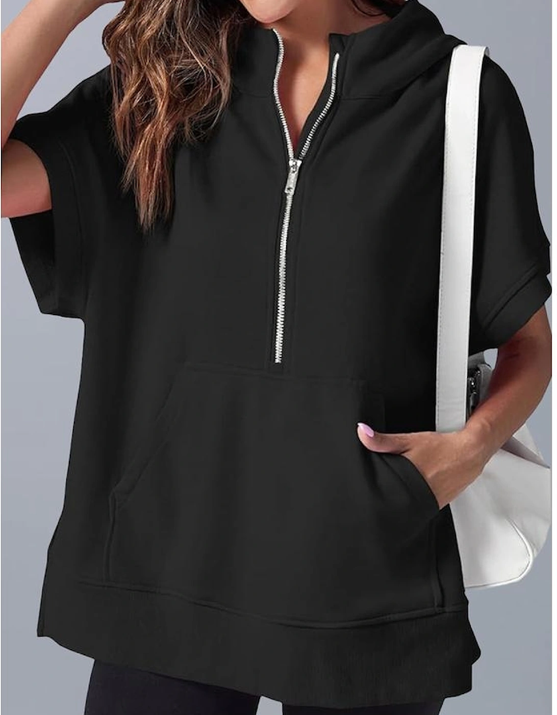 Black Half Zipper Kangaroo Pocket Short Sleeve Hoodie