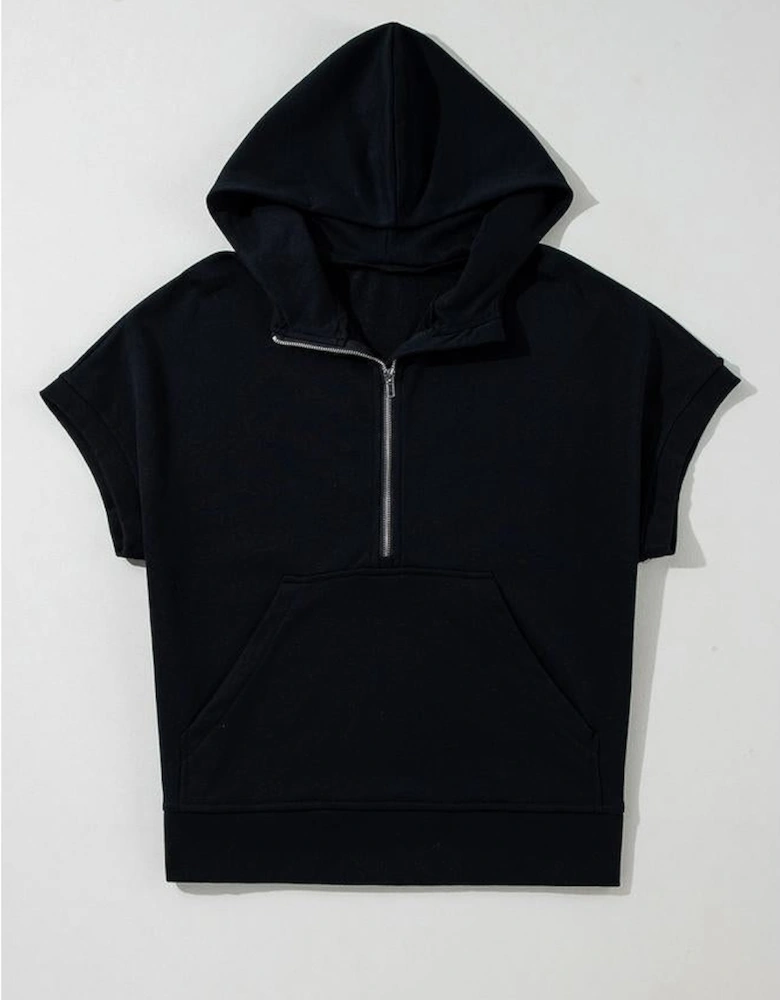 Black Half Zipper Kangaroo Pocket Short Sleeve Hoodie