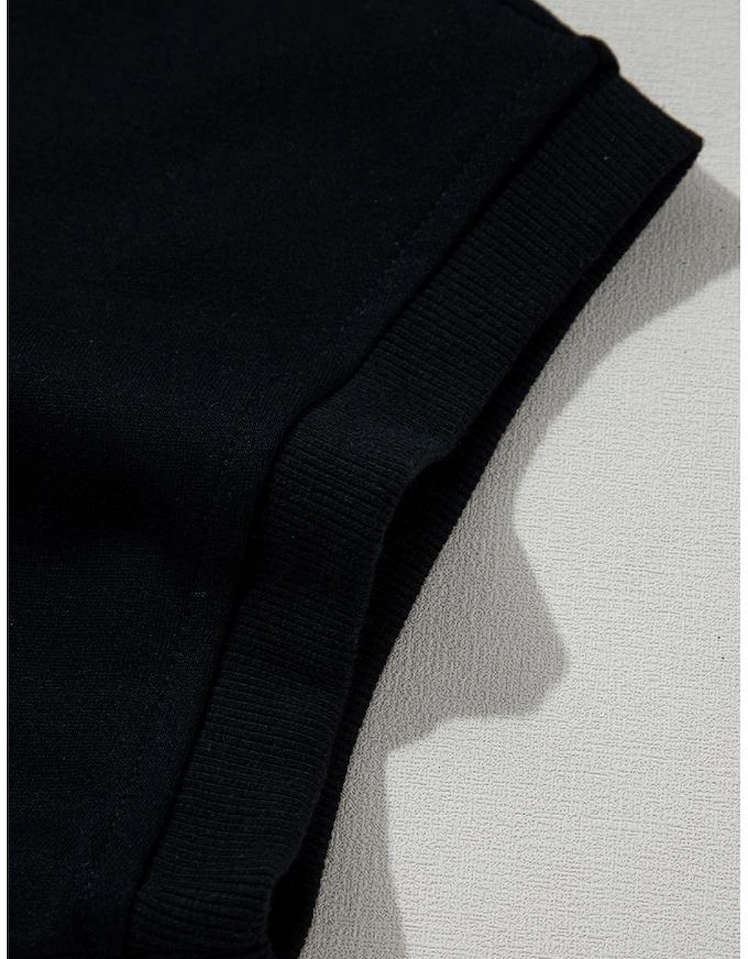 Black Half Zipper Kangaroo Pocket Short Sleeve Hoodie