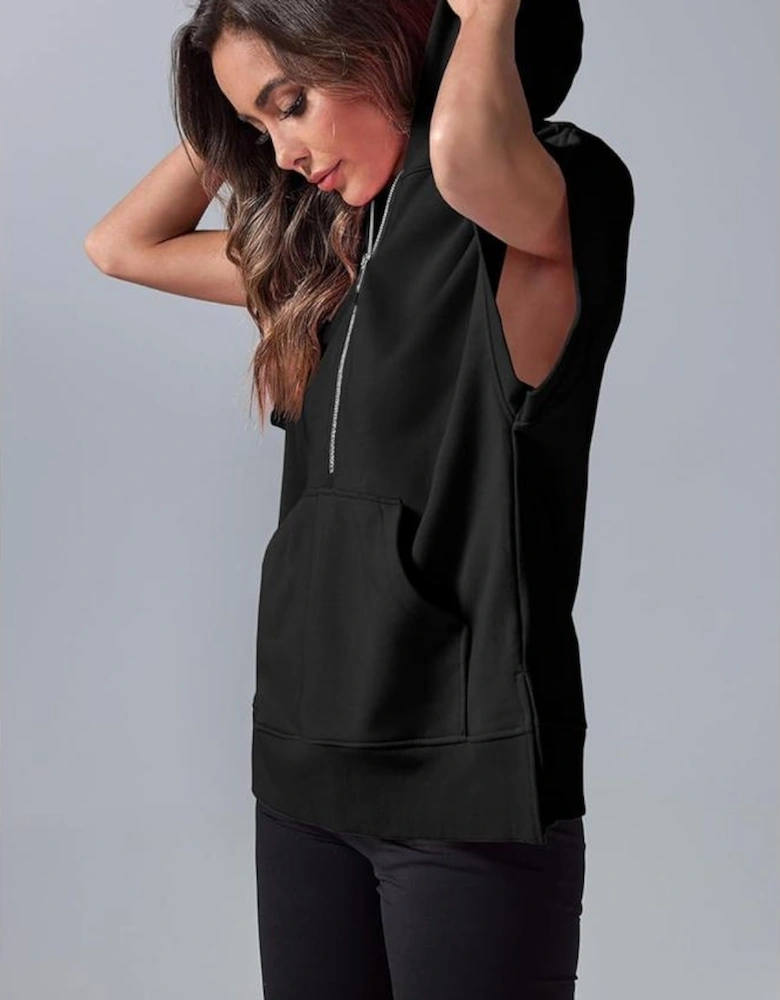 Black Half Zipper Kangaroo Pocket Short Sleeve Hoodie
