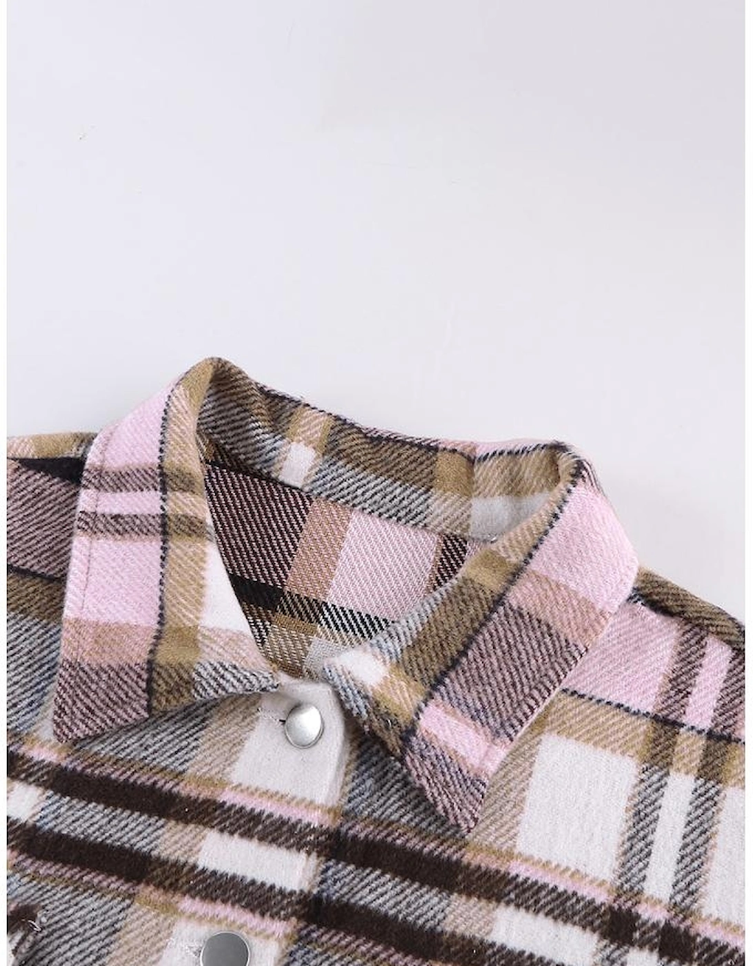 Pink Geometric Plaid Print Pocketed Shacket