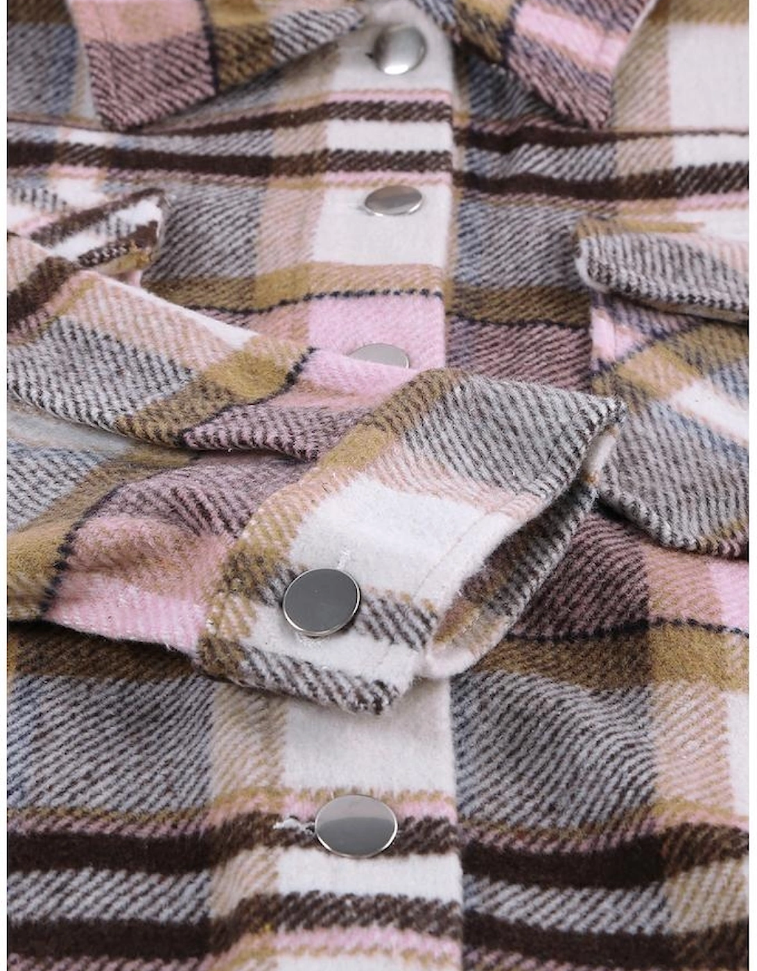 Pink Geometric Plaid Print Pocketed Shacket