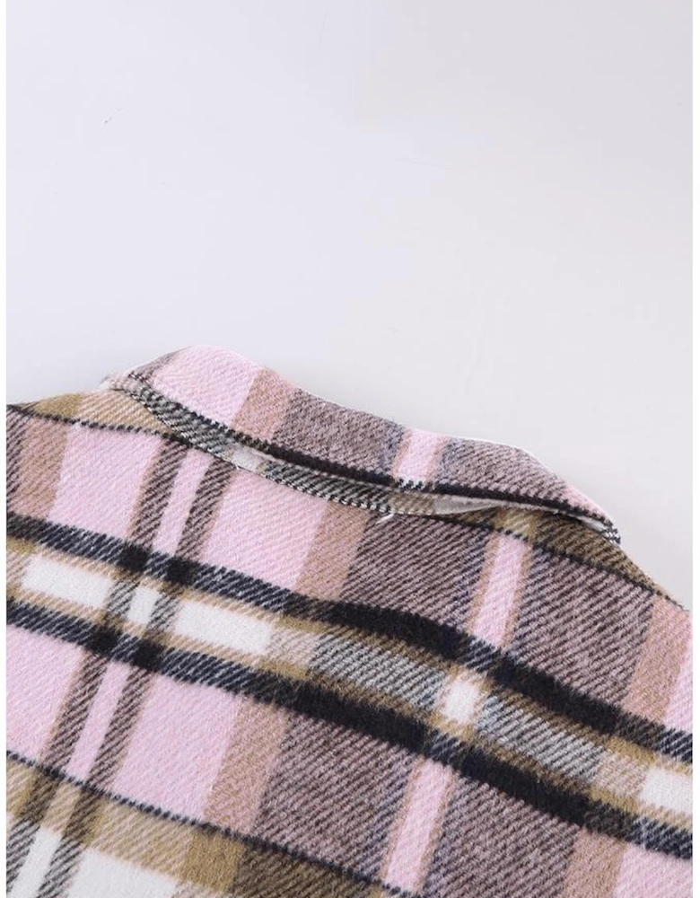 Pink Geometric Plaid Print Pocketed Shacket