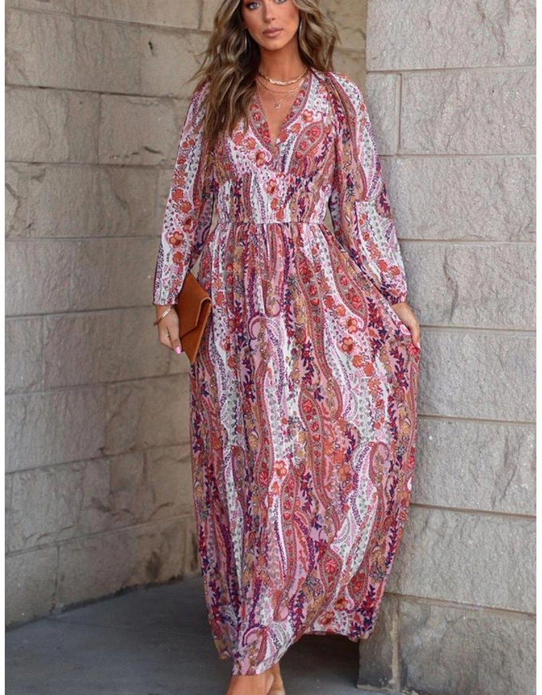 Multicolour Boho Paisley Print V Neck Empire Waist Maxi Dress