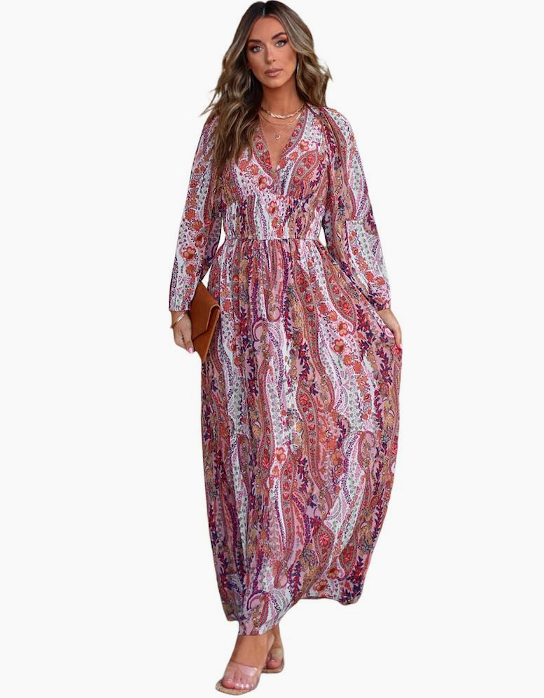 Multicolour Boho Paisley Print V Neck Empire Waist Maxi Dress