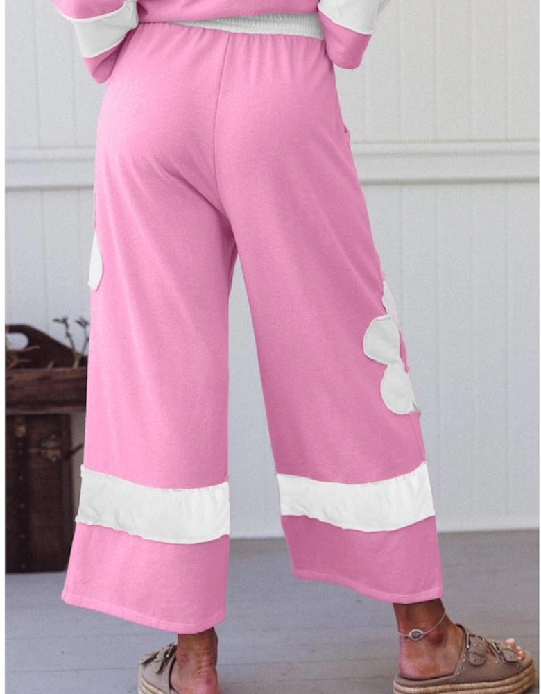 Orchid Bouquet Big Flower Patched Raw Seam Color Block 2 Piece Loose Pant Set