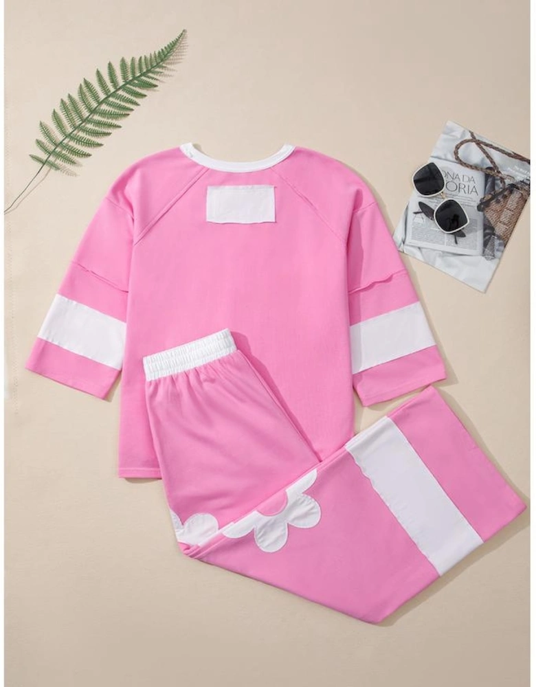 Orchid Bouquet Big Flower Patched Raw Seam Color Block 2 Piece Loose Pant Set