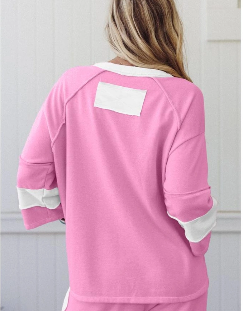 Orchid Bouquet Big Flower Patched Raw Seam Color Block 2 Piece Loose Pant Set