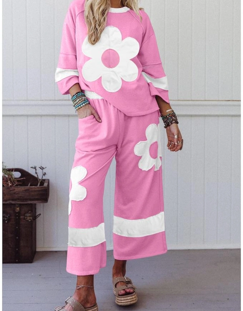 Orchid Bouquet Big Flower Patched Raw Seam Color Block 2 Piece Loose Pant Set