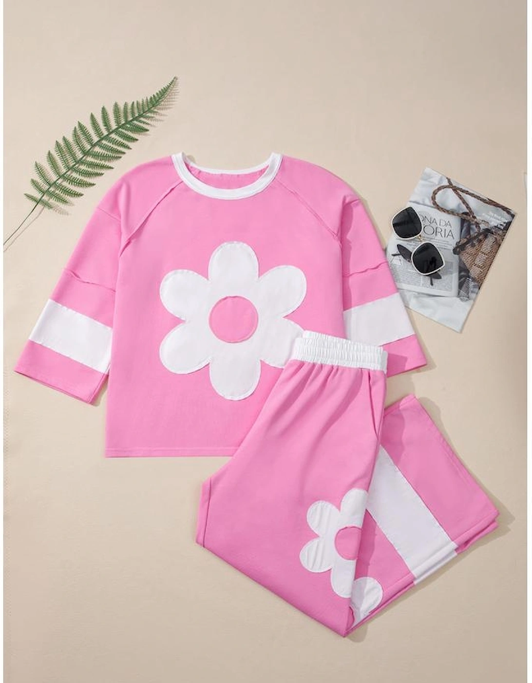 Orchid Bouquet Big Flower Patched Raw Seam Color Block 2 Piece Loose Pant Set