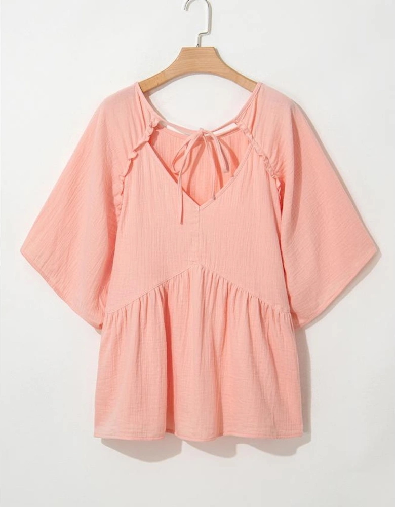 Apricot Pink Plus Size Textured Wide Short Sleeve Babydoll Blouse