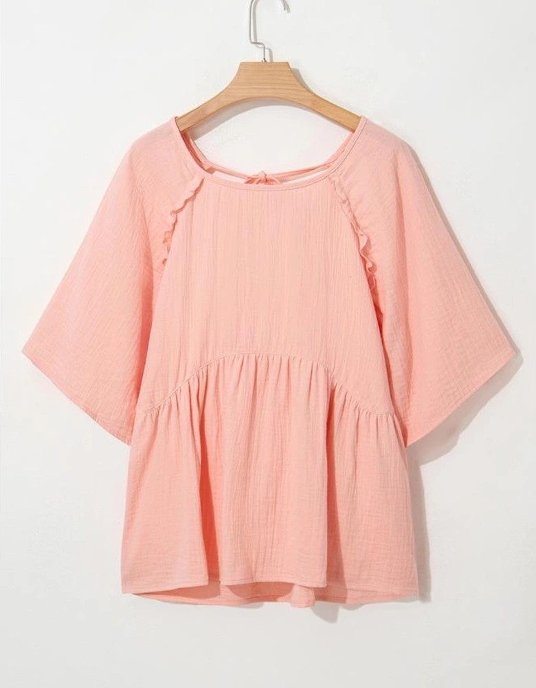 Apricot Pink Plus Size Textured Wide Short Sleeve Babydoll Blouse