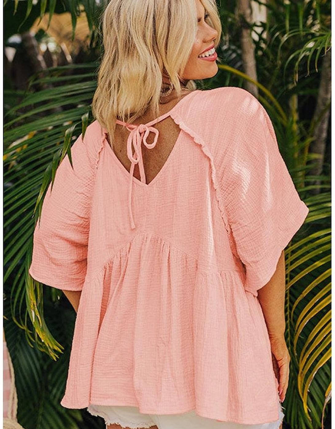 Apricot Pink Plus Size Textured Wide Short Sleeve Babydoll Blouse, 16 of 15