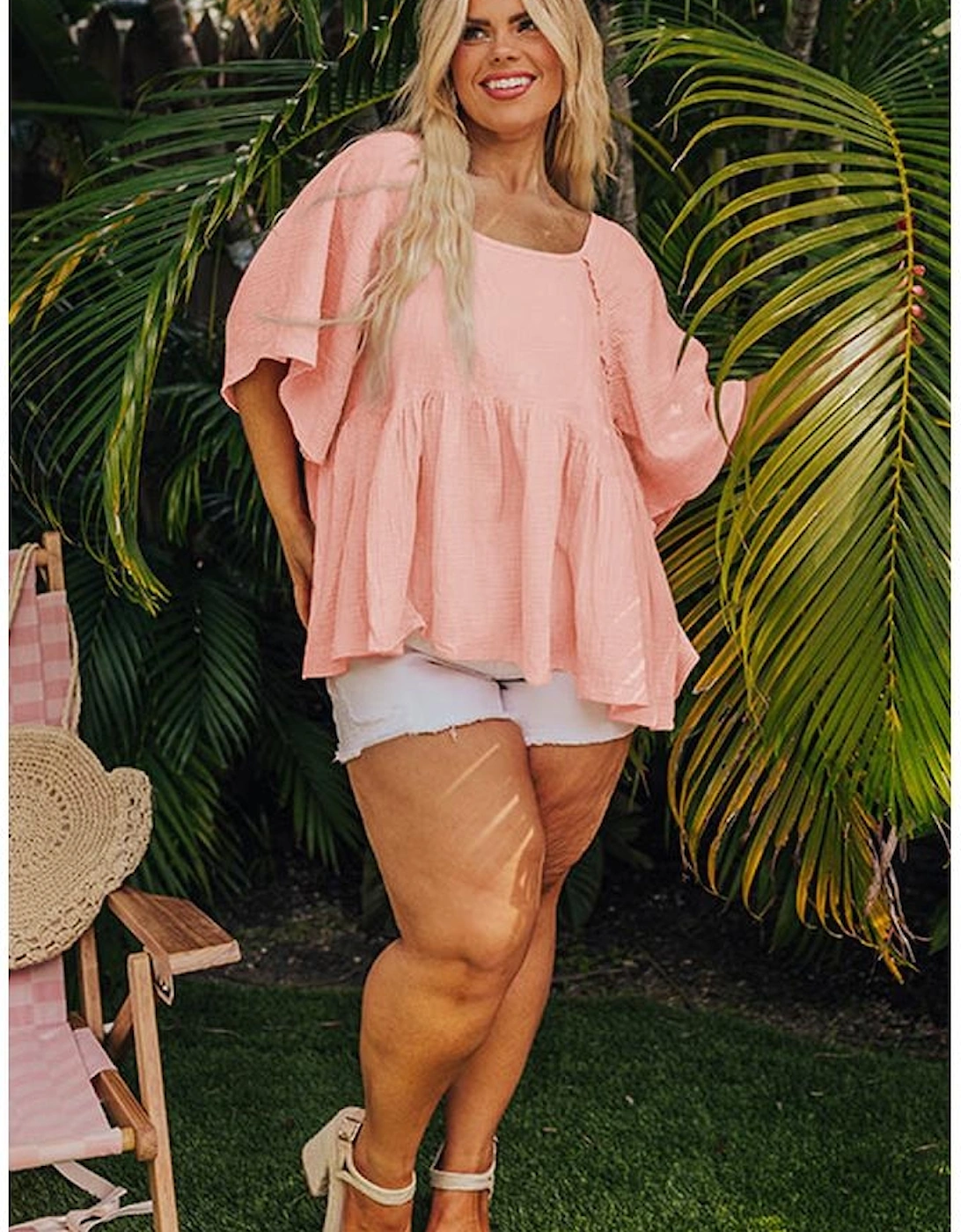 Apricot Pink Plus Size Textured Wide Short Sleeve Babydoll Blouse