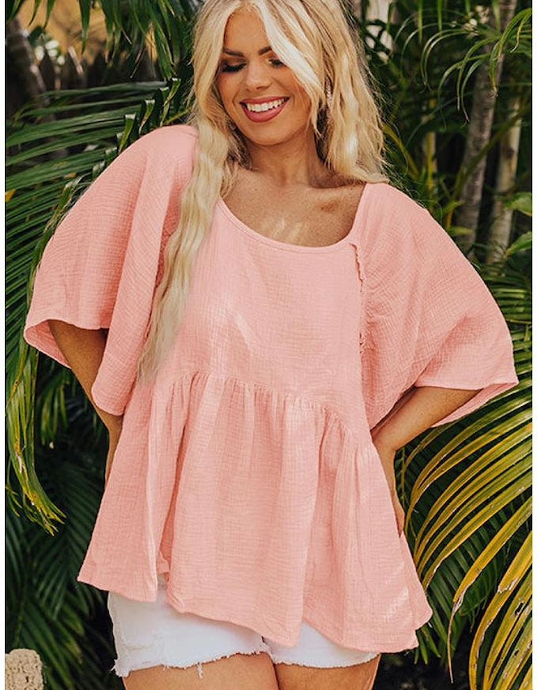 Apricot Pink Plus Size Textured Wide Short Sleeve Babydoll Blouse