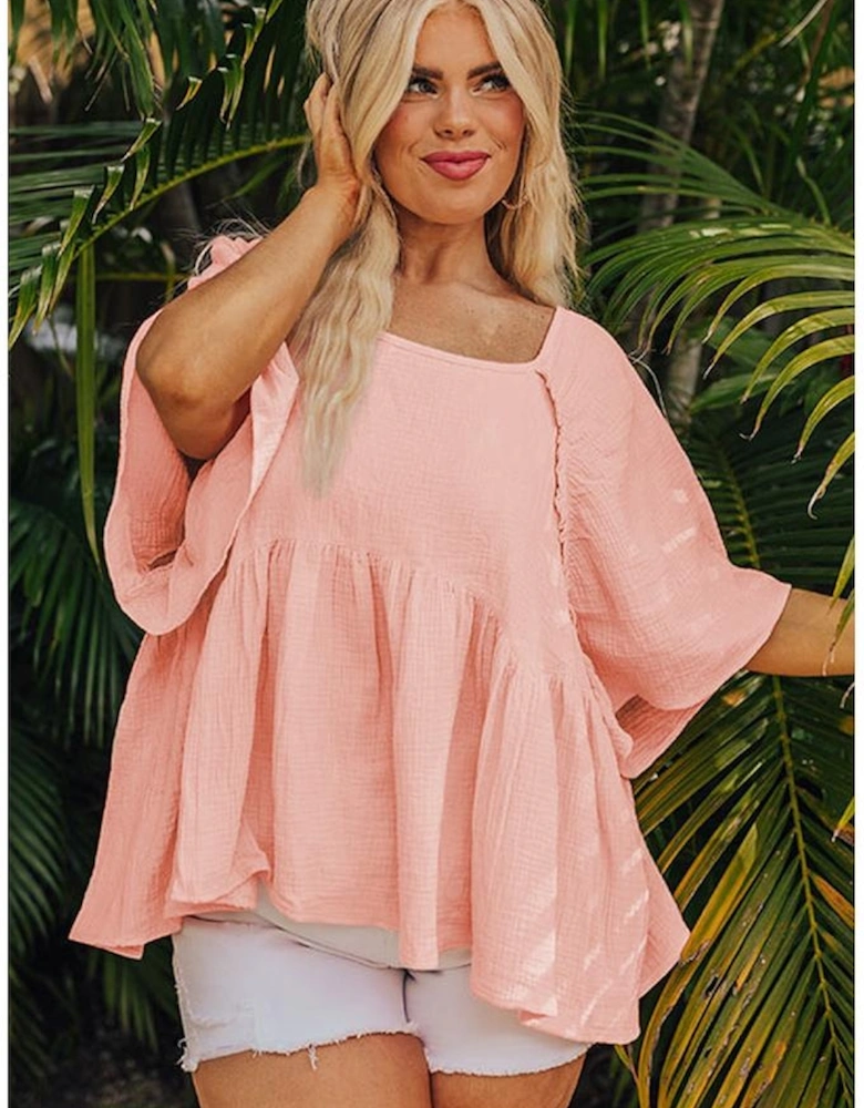 Apricot Pink Plus Size Textured Wide Short Sleeve Babydoll Blouse