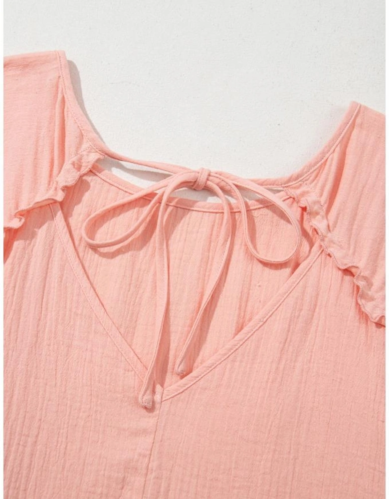 Apricot Pink Plus Size Textured Wide Short Sleeve Babydoll Blouse