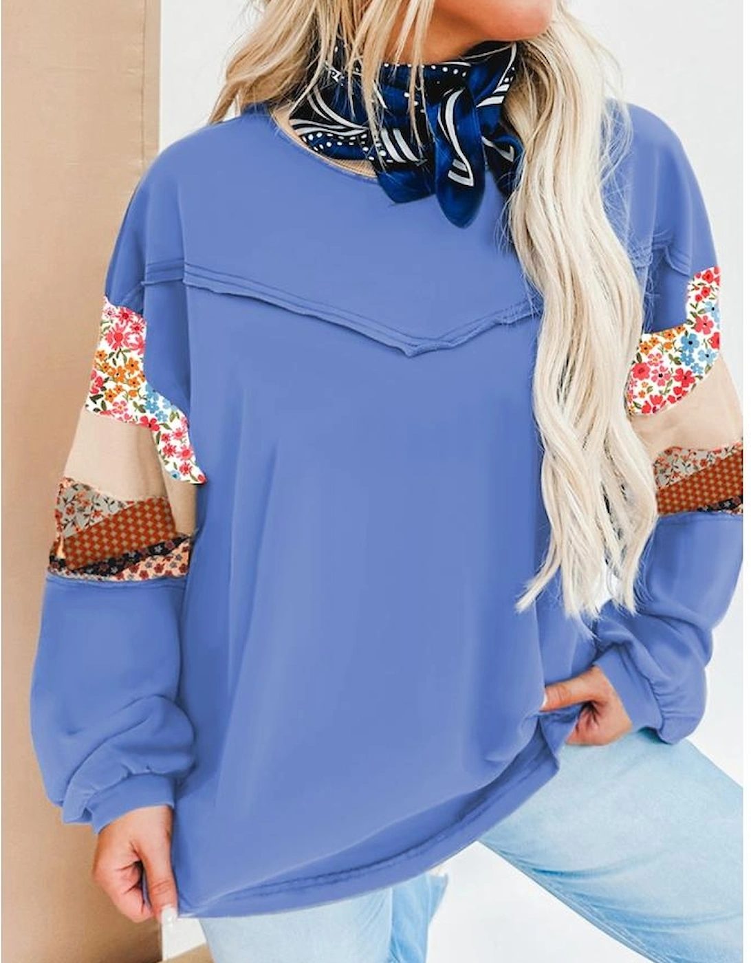 Blue Exposed Seam Floral Mixed Patchwork Relaxed Plus Size Top
