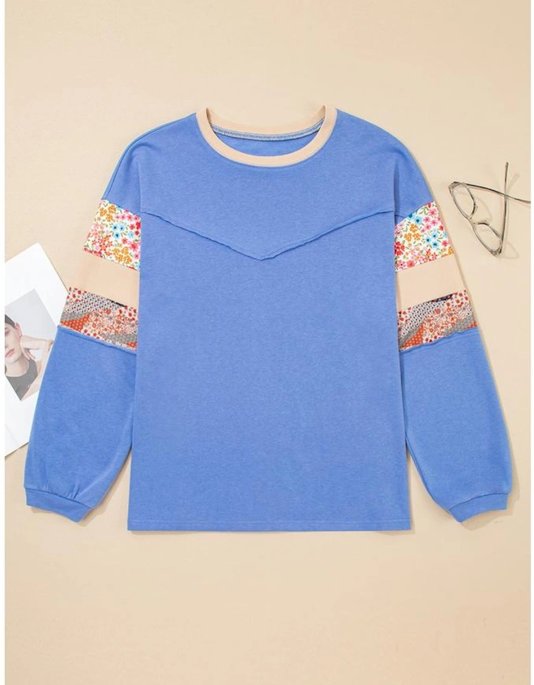 Blue Exposed Seam Floral Mixed Patchwork Relaxed Plus Size Top