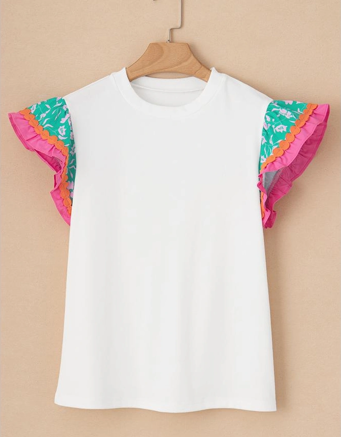 White Contrast Ricrac Floral Sleeve Top