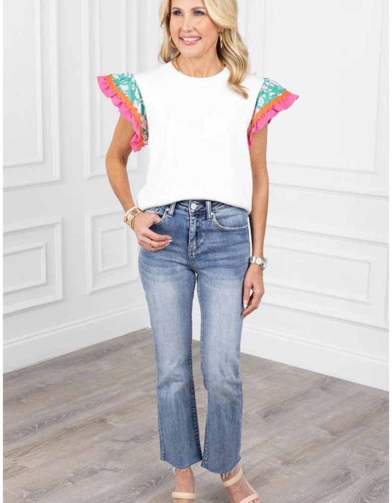 White Contrast Ricrac Floral Sleeve Top