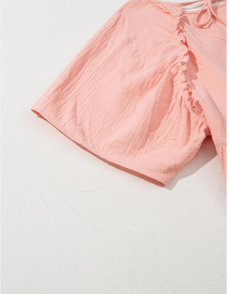 Apricot Pink Plus Size Textured Wide Short Sleeve Babydoll Blouse