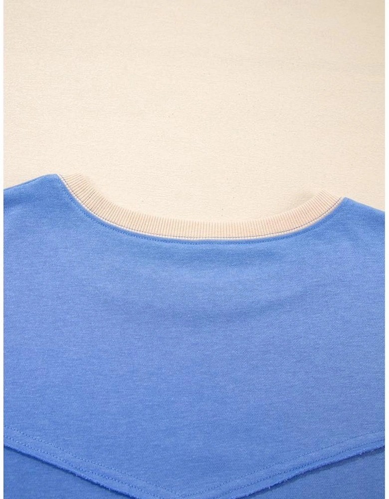 Blue Exposed Seam Floral Mixed Patchwork Relaxed Plus Size Top