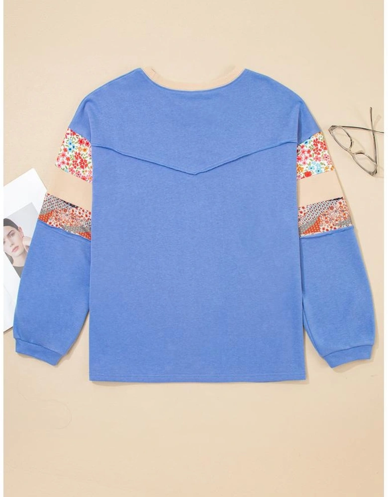 Blue Exposed Seam Floral Mixed Patchwork Relaxed Plus Size Top