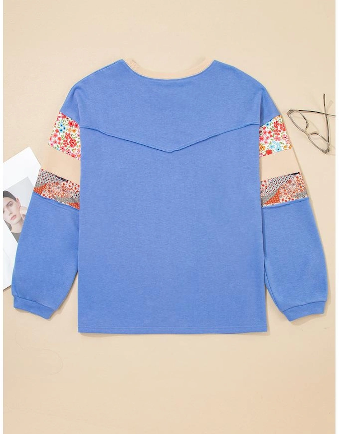 Blue Exposed Seam Floral Mixed Patchwork Relaxed Plus Size Top