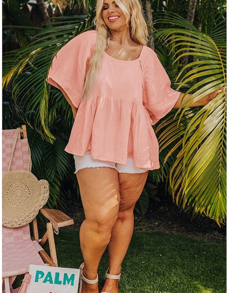 Apricot Pink Plus Size Textured Wide Short Sleeve Babydoll Blouse
