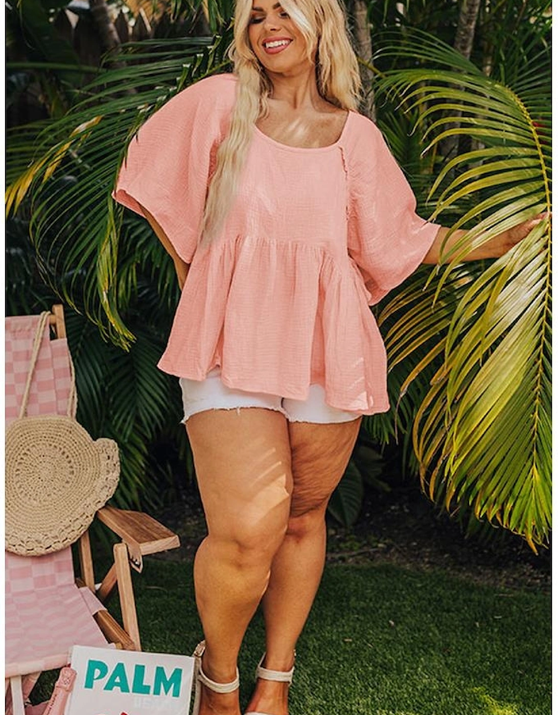Apricot Pink Plus Size Textured Wide Short Sleeve Babydoll Blouse