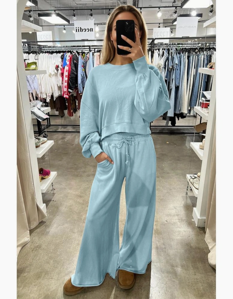 Mist Blue Drop Shoulder Puff Sleeve Crop Pullover Drawstring Wide Leg Pants Set