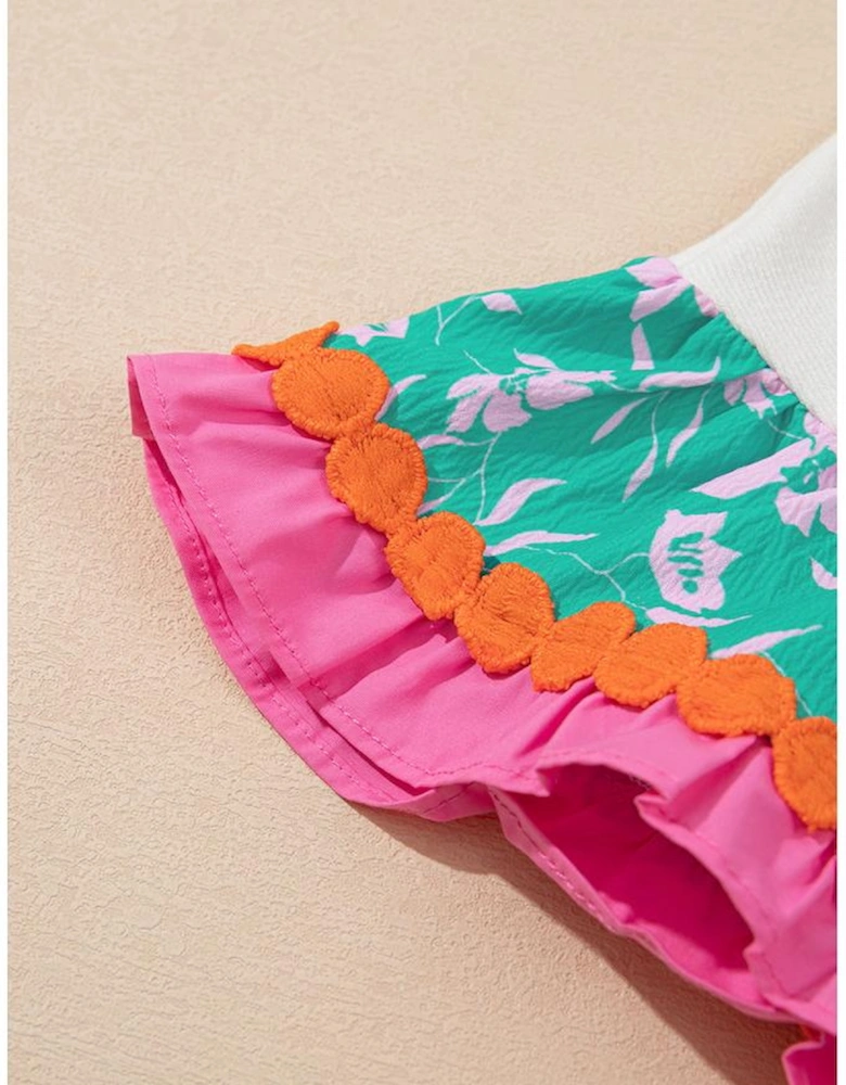 White Contrast Ricrac Floral Sleeve Top