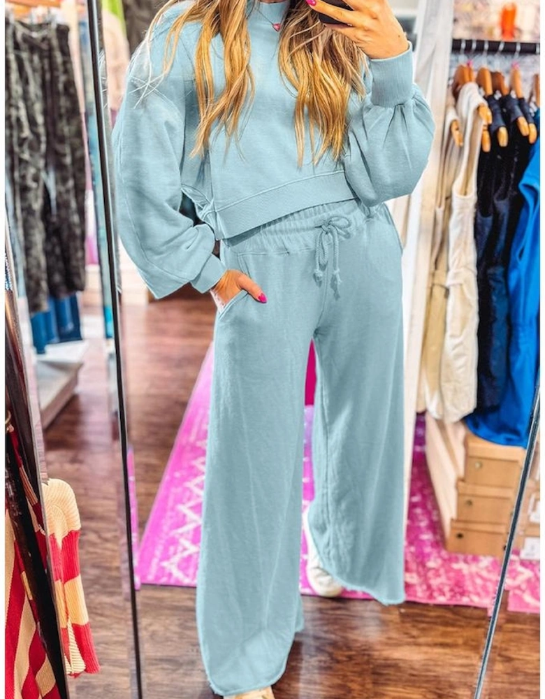 Mist Blue Drop Shoulder Puff Sleeve Crop Pullover Drawstring Wide Leg Pants Set