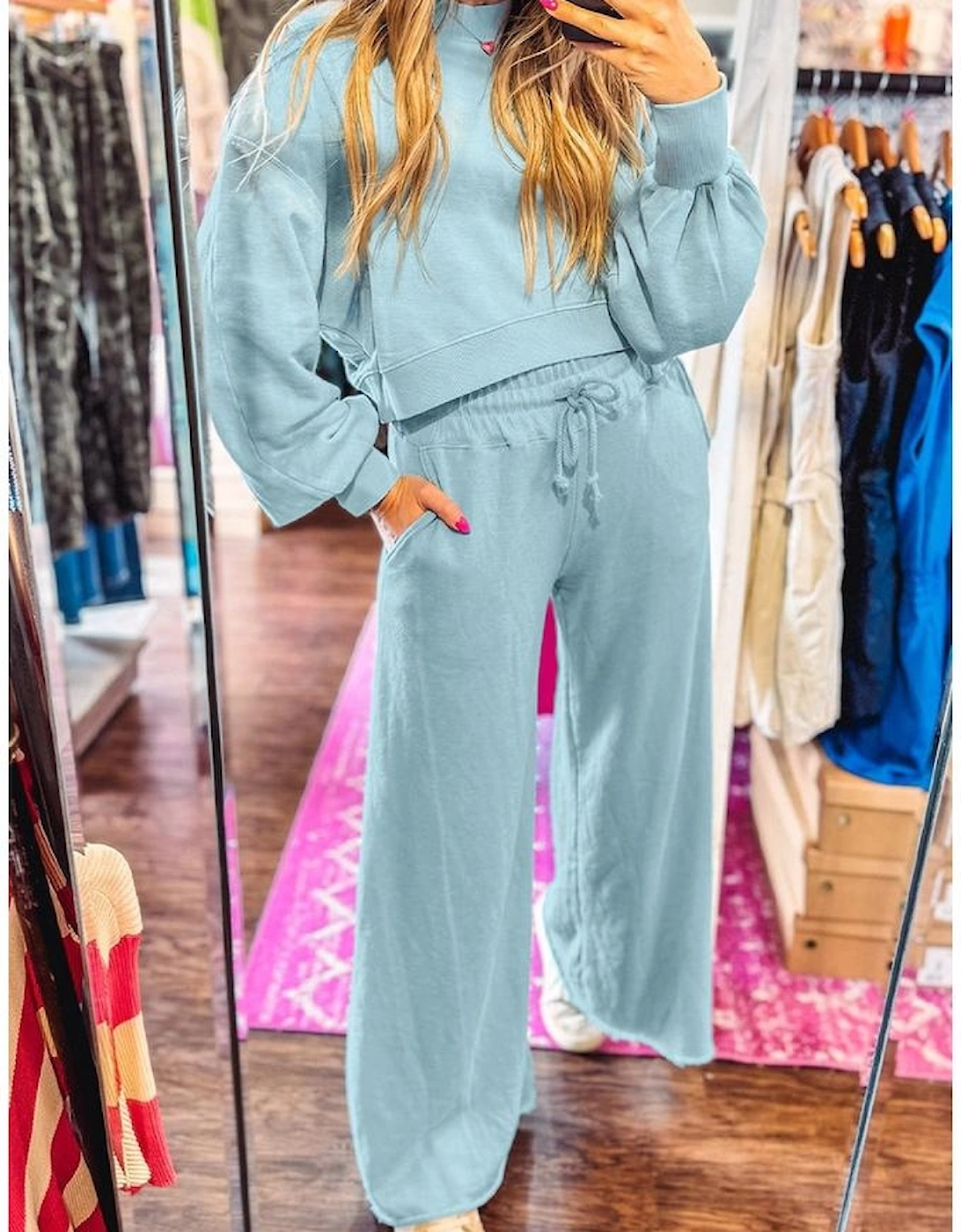 Mist Blue Drop Shoulder Puff Sleeve Crop Pullover Drawstring Wide Leg Pants Set, 11 of 10