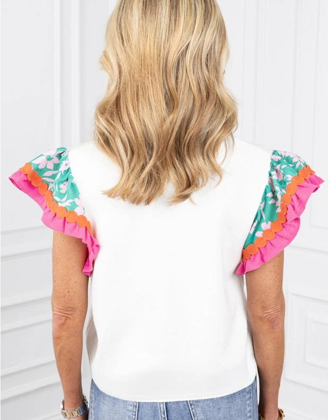 White Contrast Ricrac Floral Sleeve Top, 13 of 12