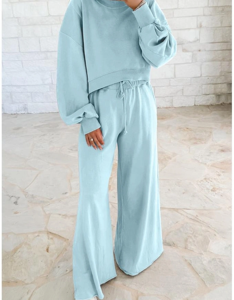 Mist Blue Drop Shoulder Puff Sleeve Crop Pullover Drawstring Wide Leg Pants Set